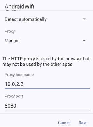 Android proxy settings configured to point to the running mitmproxy instance.